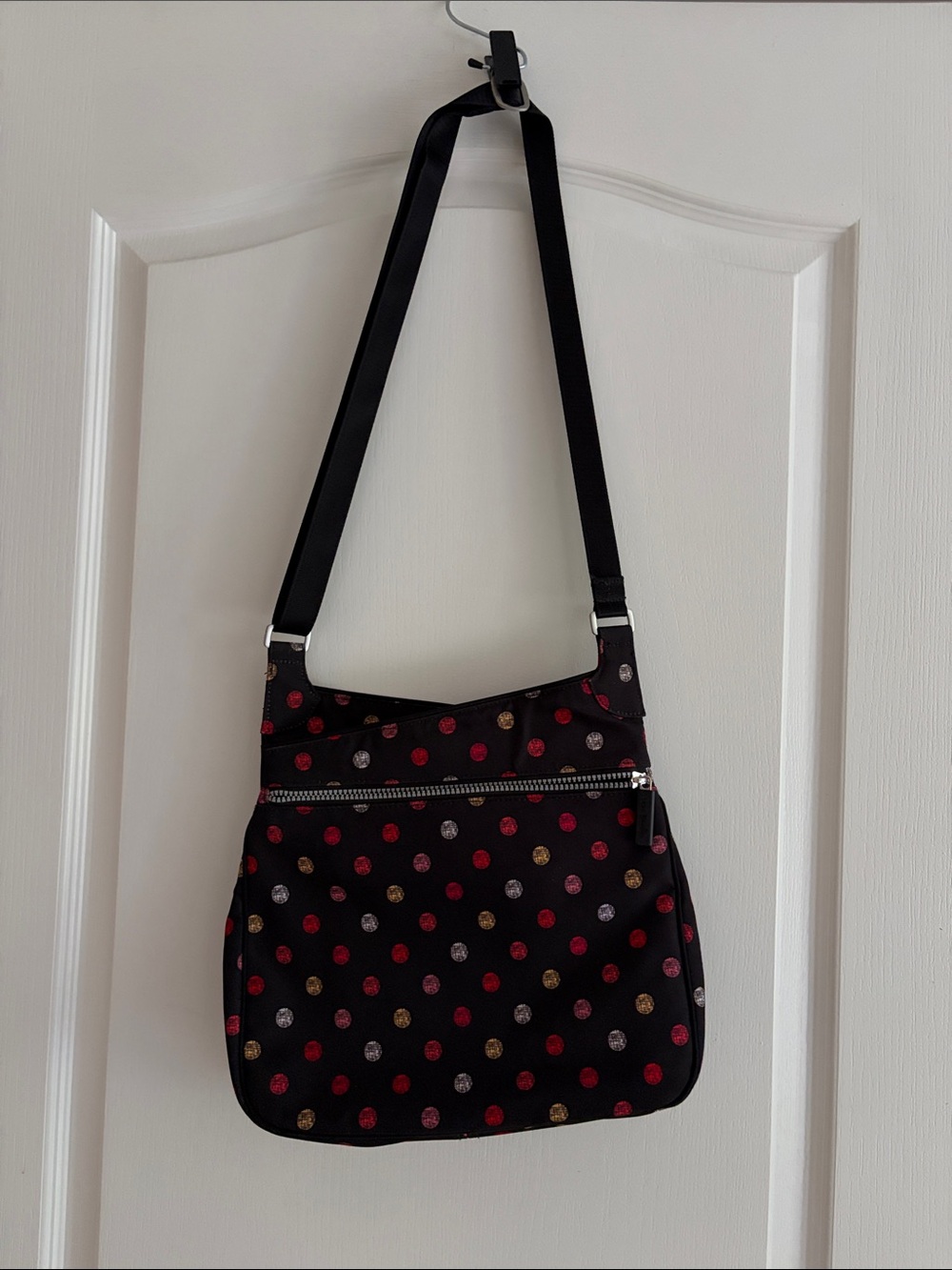 Vera Bradley Black Crossbody with Red, Gold, and Gray Polka Dots